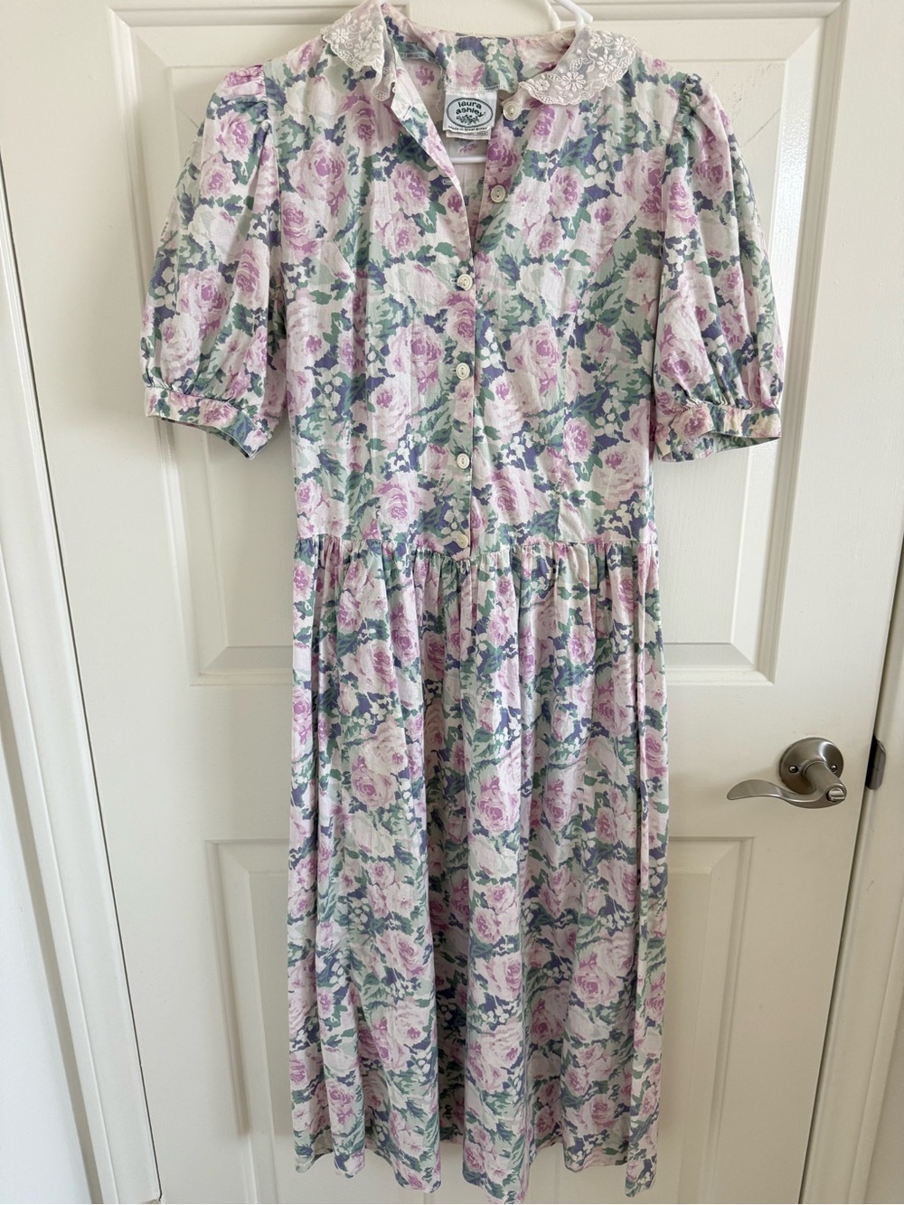 Laura Ashley Pastel Rose Print Button-Up Dress in Pink & Green